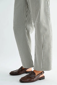 Brown leather slip-on loafers with classic moccasin design paired with the seamed barrel wide leg denim jeans