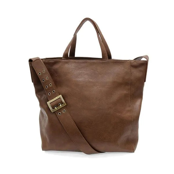 Brown leather alma buckle tote with adjustable strap and gold-tone buckle for versatile everyday use