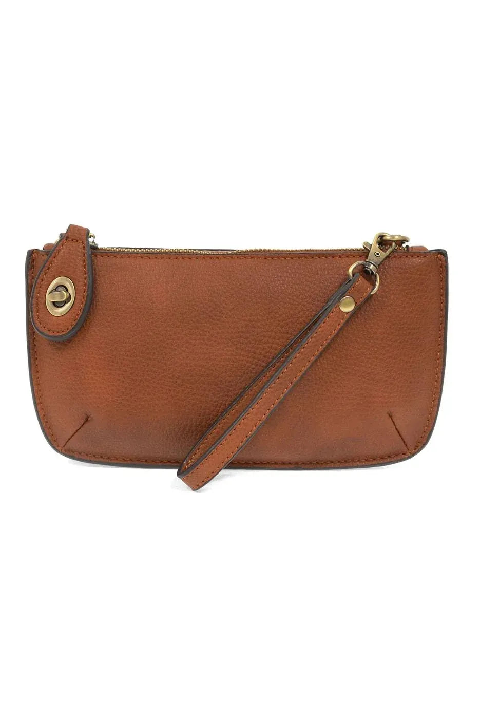 Mini crossbody wristlet clutch in brown leather with gold-tone hardware and detachable strap ideal for card slots