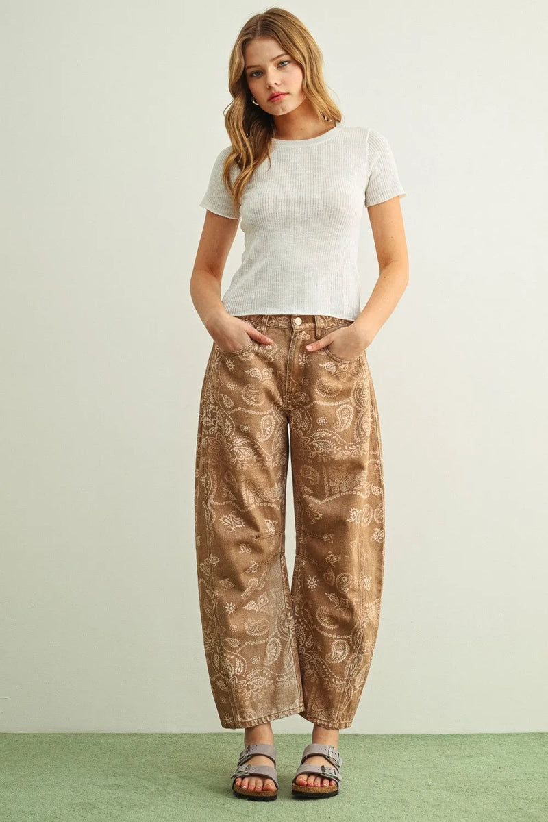 Brown paisley print washed wide-leg pants with a satin-like sheen in a paisley print washed fabric