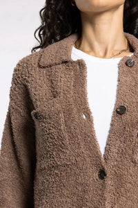 Brown plush teddy-style lois sweater jacket with dark buttons from thread and supply for cozy warmth
