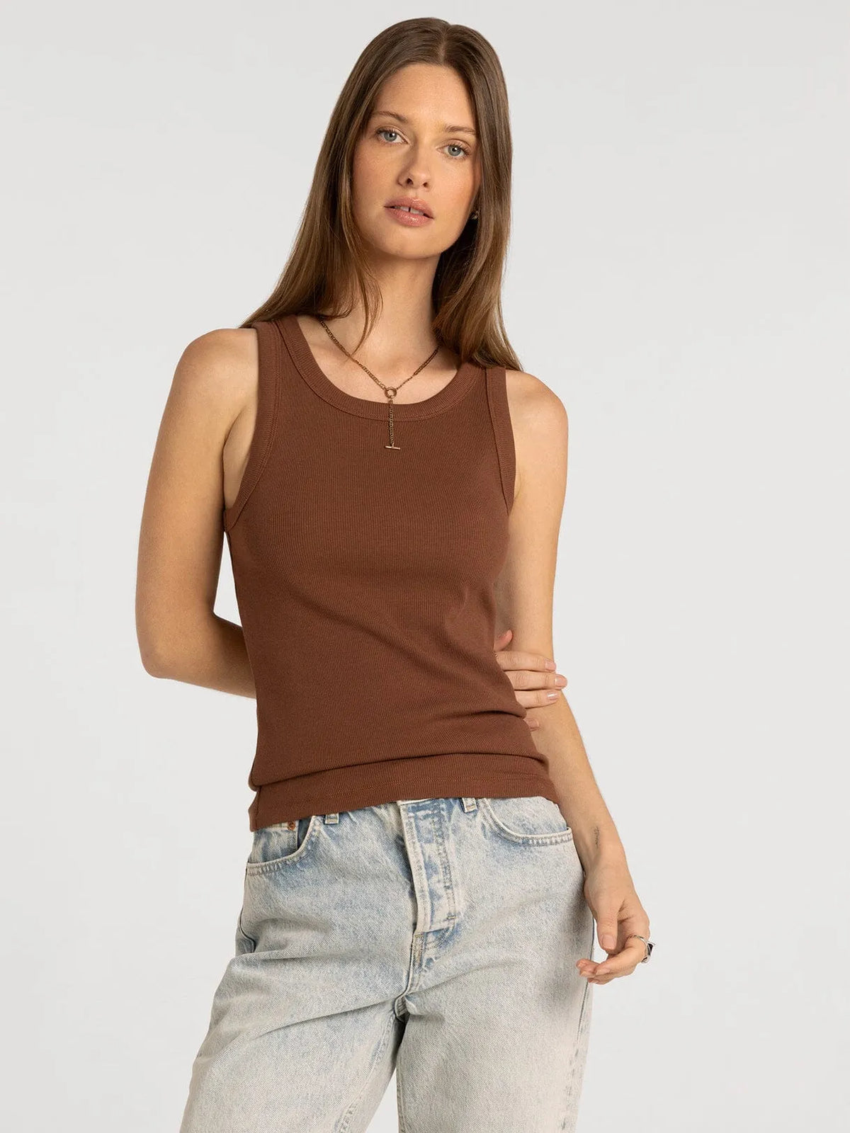 Brown ribbed knit sleeveless top thread and supply edlin basic tank featuring a soft stretch fabric and classic fit