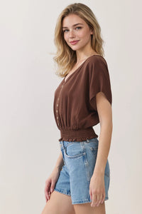 Brown satin v neck button detailed blouse featuring button front detail for elegant formal wear