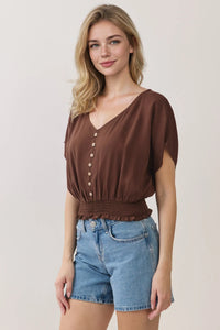 Brown satin-like v neck button detailed blouse with button-front closure and smocked waistband for elegant wear