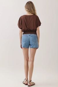 Brown short-sleeved neck button detailed blouse with relaxed fit and ruffled hemline for casual wear