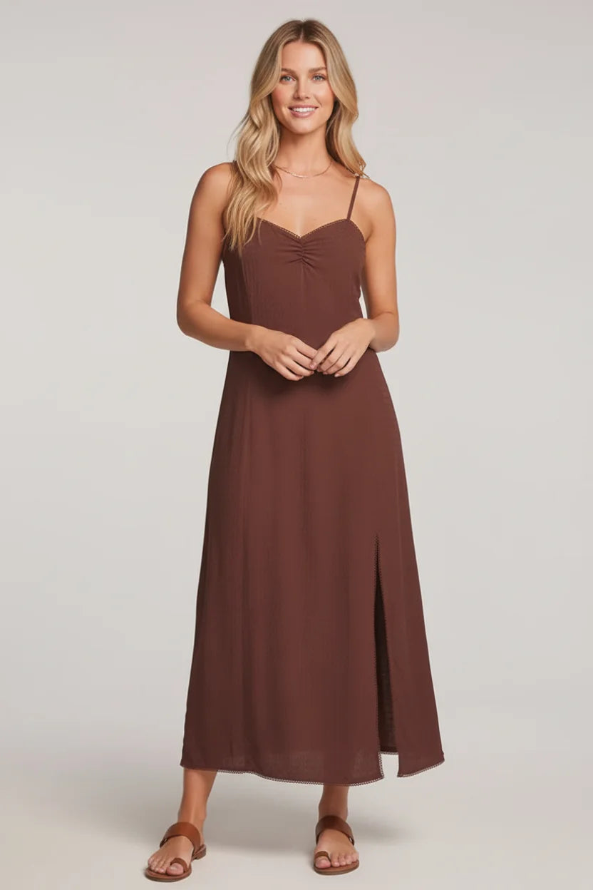 Saltwater Luxe Romie spaghetti straps midi dress with ruched bodice and slit