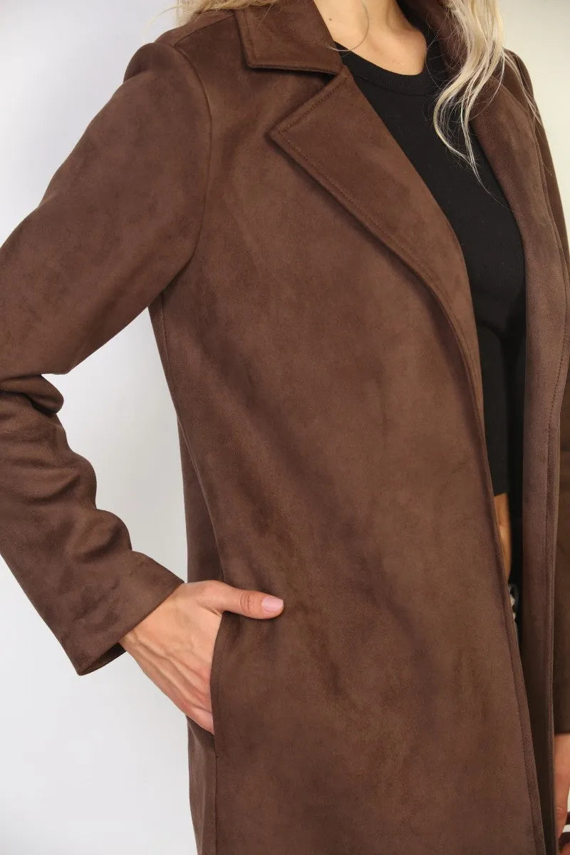 A brown suede duster coat with a classic collar and long sleeves in suded open style for women’s boho chic clothing