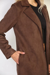 A brown suede duster coat with a classic collar and long sleeves in suded open style for women’s boho chic clothing