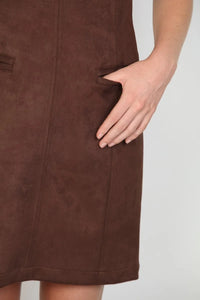 Brown suede sleeveless mini dress with straight-cut silhouette and front pockets perfect as a mini dress