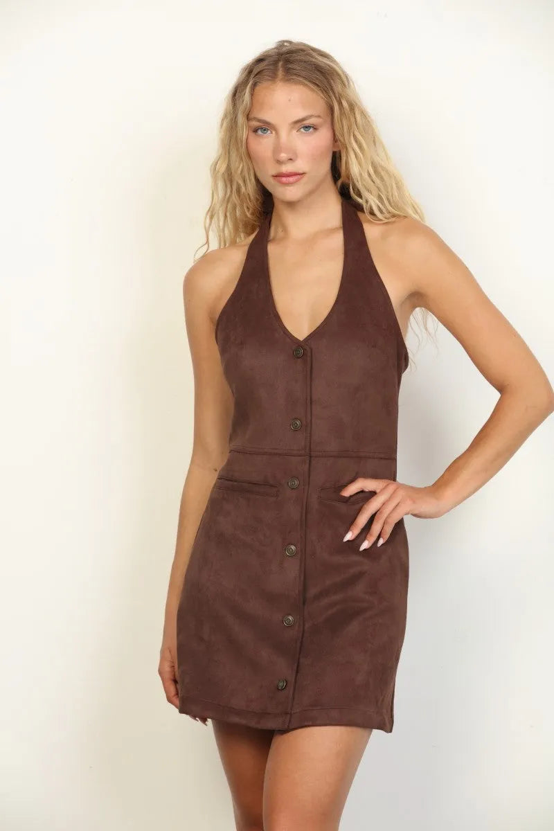Brown suede halter neck mini dress with button-front design perfect for stylish evening wear