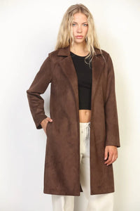 Brown suede duster coat with classic collar and long sleeves in suded open style for women’s boho chic clothing