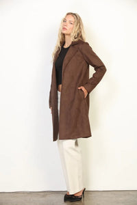 Brown suede duster coat with a classic collar and front pockets in suded open style for women’s boho chic clothing