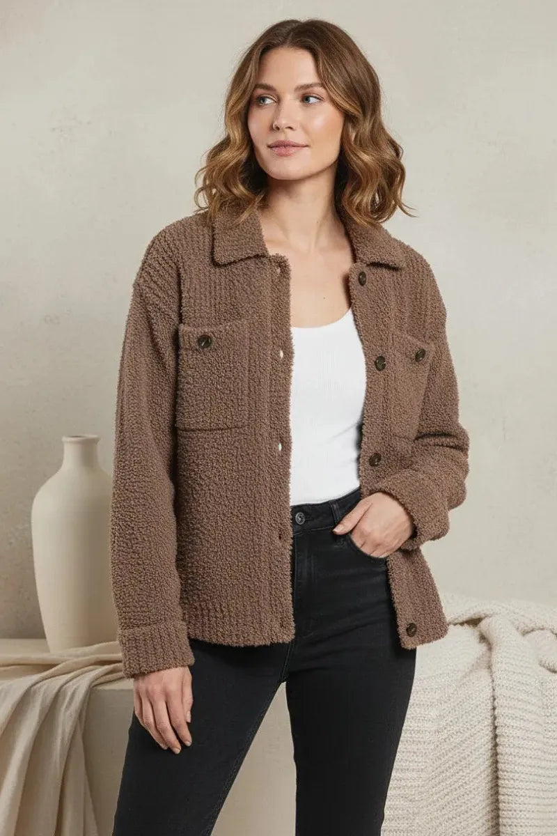 Brown textured fleece lois sweater jacket with button closures and flap pockets by Thread and Supply