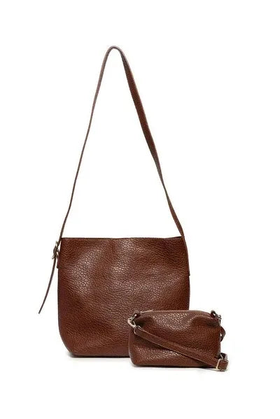 Brown textured leather bucket crossbody with matching crossbody pouch showcasing main bag features