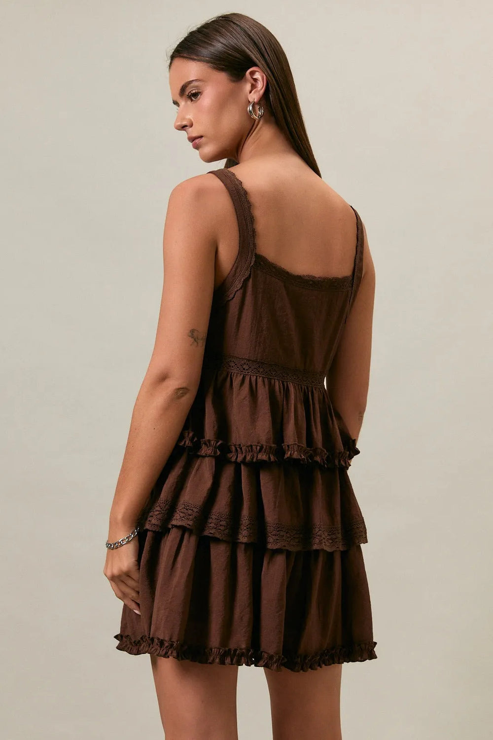 Brown v Neck Lace Ruffle Tiered Mini Dress DK Brown / SMALL