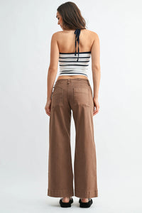 Brown mid rise twill wide leg trousers with relaxed fit and visible back pockets shown from the back side