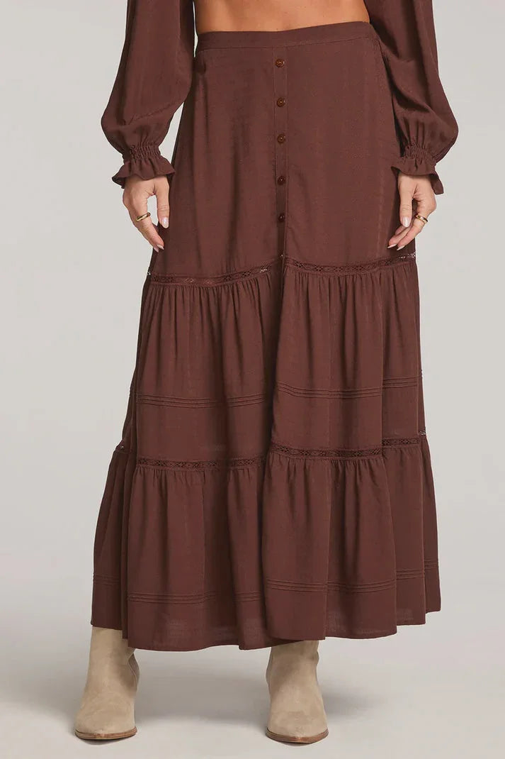Jaycee midi skirt in flowing chocolate-brown with buttons and ruffles