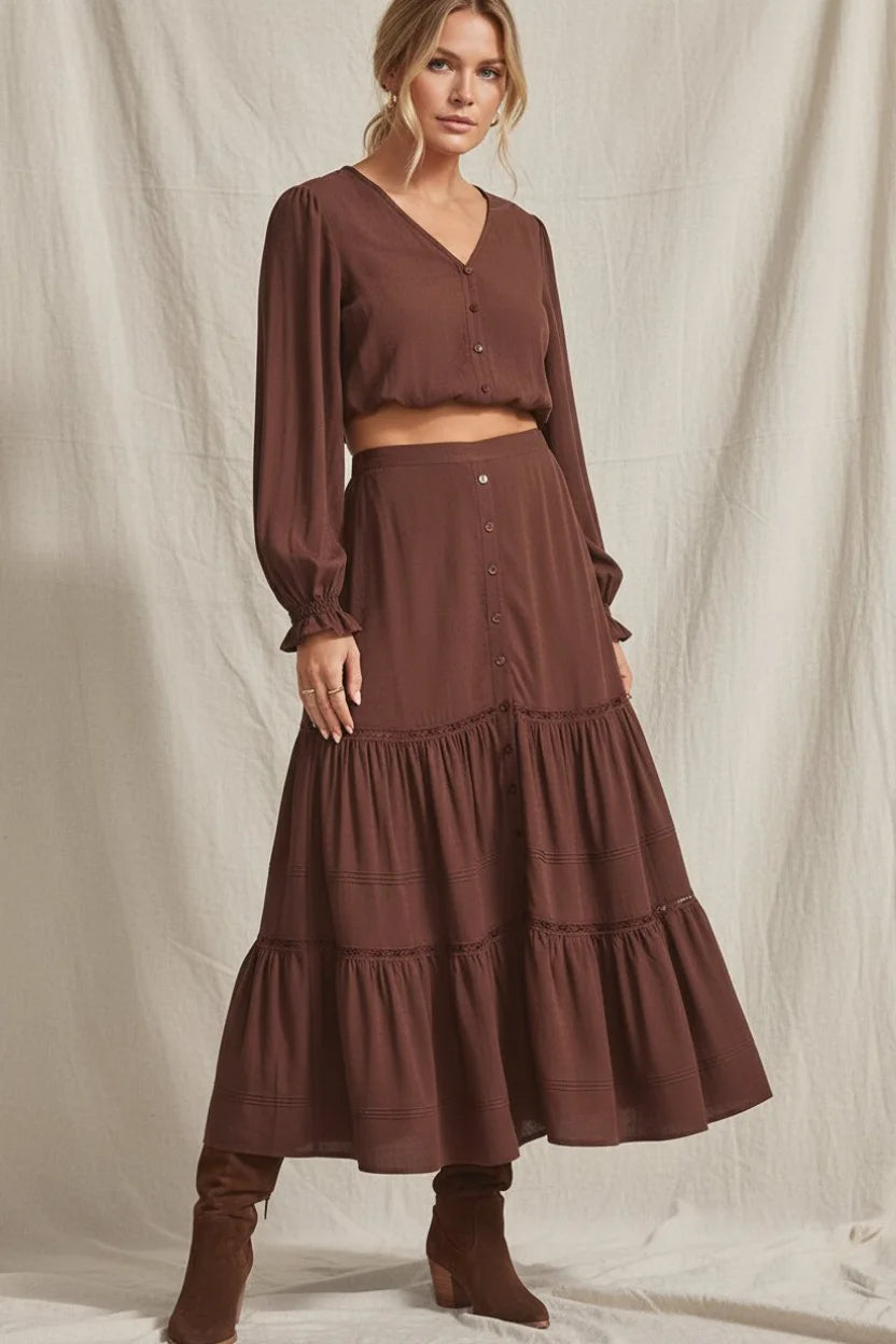 Saltwater Luxe Jaycee midi skirt in flowing chocolate-brown tiered design