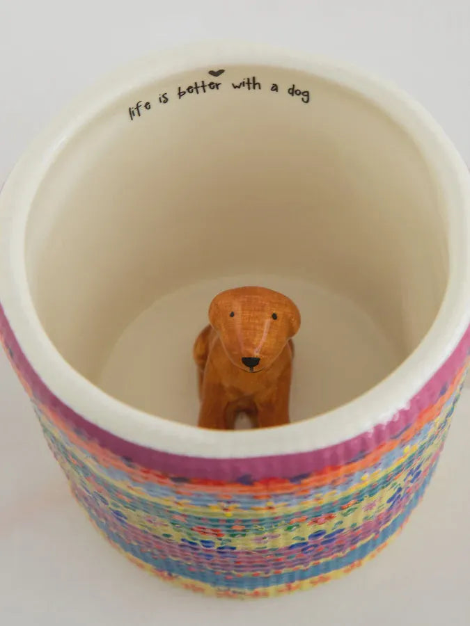Peek a boo coffee mug colorful ceramic with rainbow stripes and life is better with a dog message with wooden dog figurine
