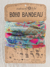 Colorful floral-patterned boho bandeau headband from natural life in blue garden patchwork with teal pink and purple hues