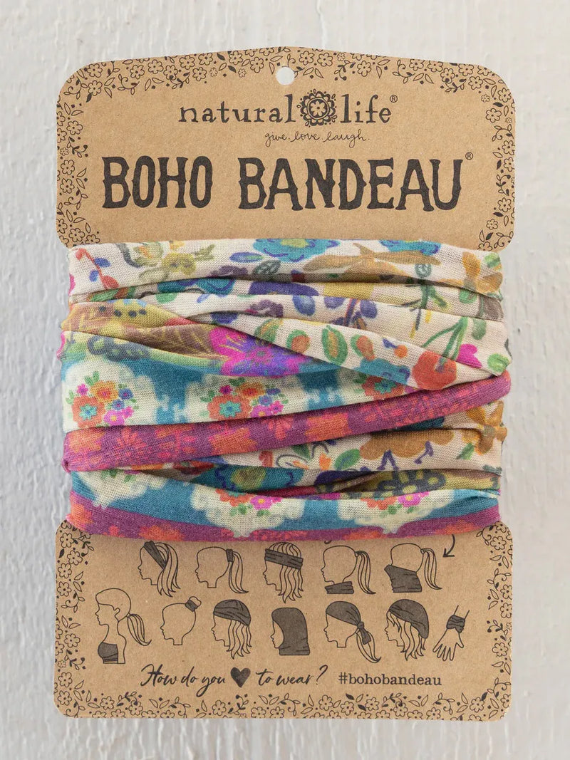 Colorful floral-patterned boho bandeau headband with cream borders soft fabric and versatile styling options from natural life