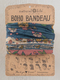 Colorful floral-patterned boho bandeau headband in riviera batik blue soft fabric with blue pink and cream tones from natural life