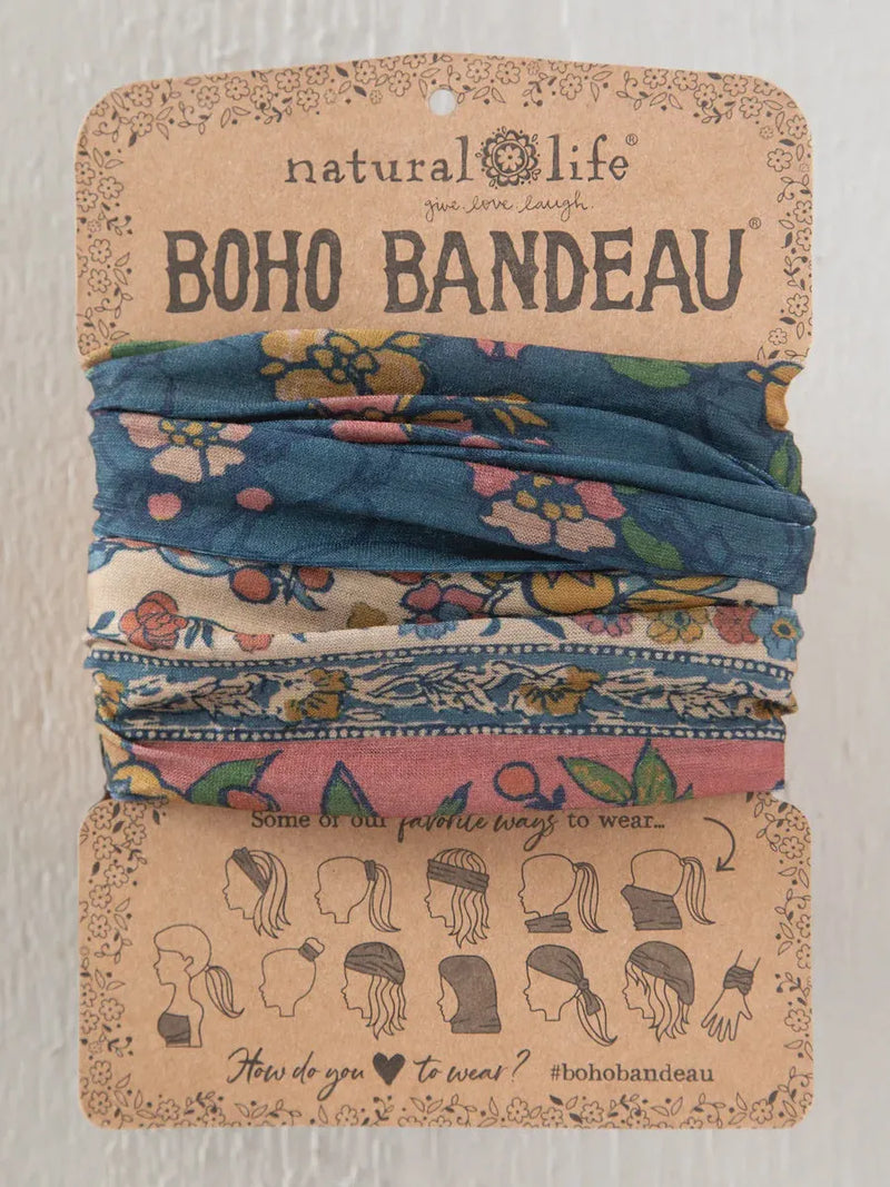 Colorful floral-patterned boho bandeau headband in riviera batik blue soft fabric with blue pink and cream tones from natural life