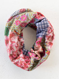 Colorful patchwork infinity scarf in vintage treasure pink featuring floral and plaid patterns for boho bandeau headband use