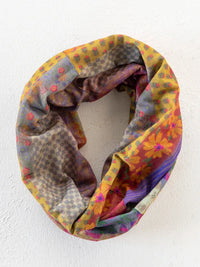 Colorful patchwork infinity scarf with floral and geometric patterns in yellow purple pink and gray for garden waves boho bandeau headband