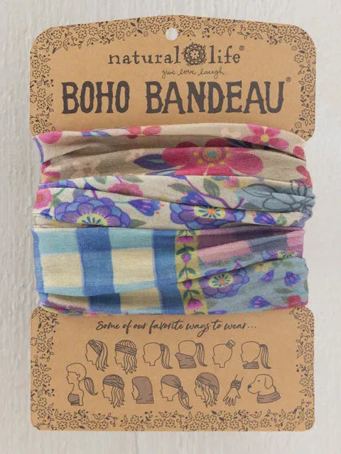 Colorful boho bandeau headband from natural life featuring gingham floral patchwork and vibrant patterned fabric