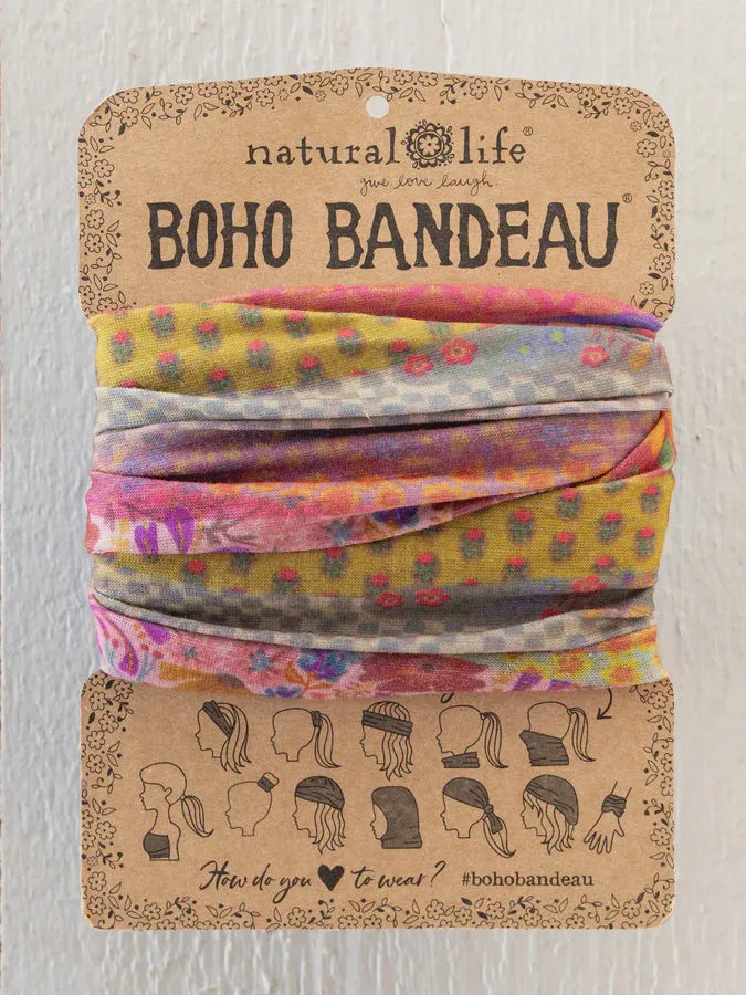 Full boho bandeau headband garden waves from natural life with vibrant floral and geometric prints in yellow pink purple and gray