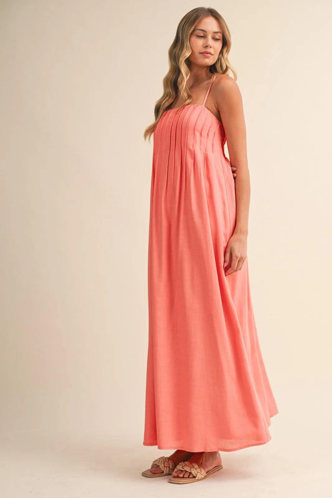 Pintuck Detailed Strappy Maxi Dress in Coral Coral / SMALL