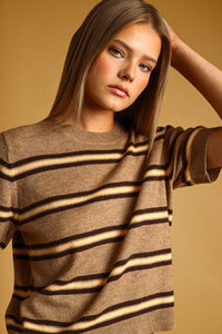 A cozy beige and dark brown stripe pattern short sleeve knit top with a round neckline in soft knit material