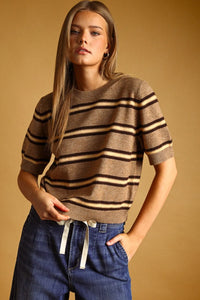 A cozy beige and dark brown stripe pattern short sleeve knit top with ribbed neckline and cuffs