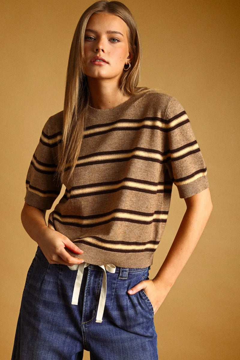 A cozy beige and dark brown stripe pattern short sleeve knit top with ribbed neckline and cuffs