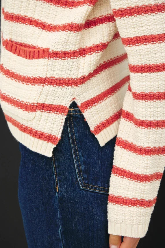 Chunky knit striped open cardigan in bold red and cream horizontal stripes