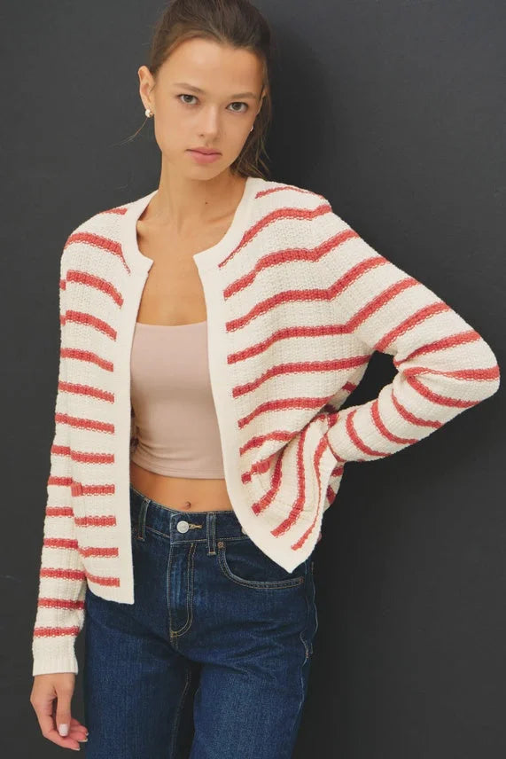 Chunky knit striped open cardigan in red and cream stripes