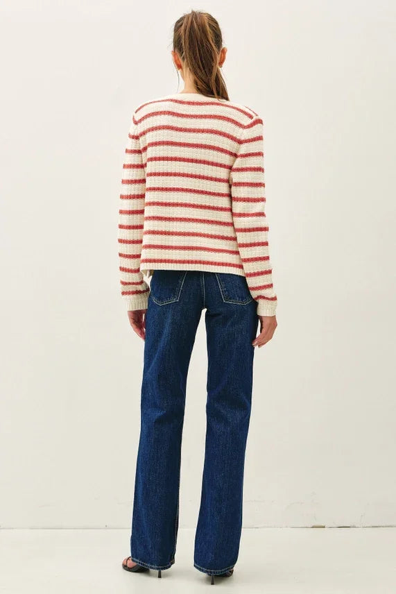 Chunky knit striped open cardigan in cream and red stripes