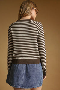 Cozy striped round neck sweater with long sleeves in brown and cream horizontal stripes for casual wear