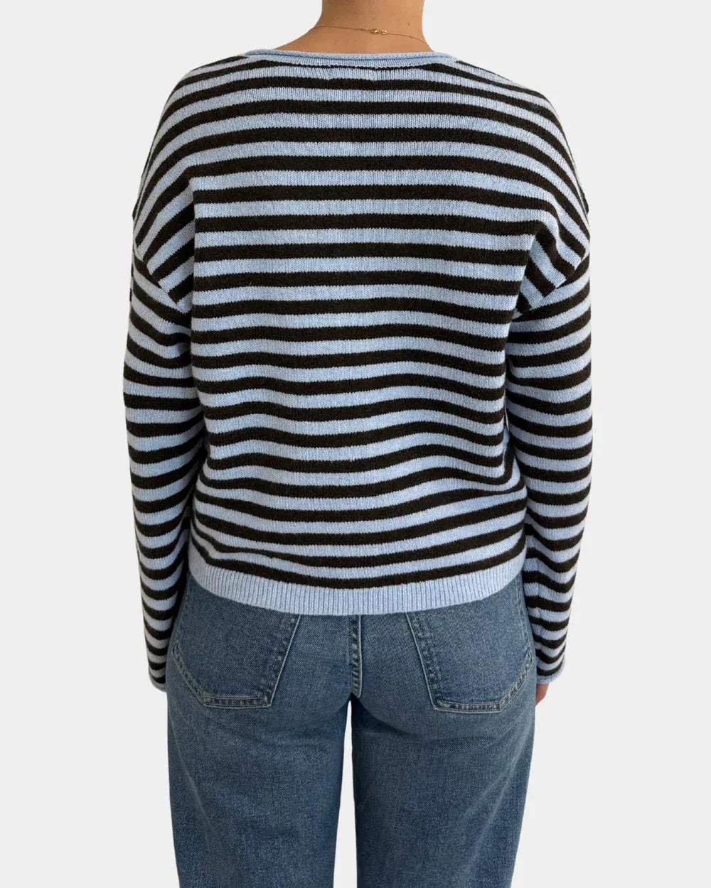 Thread and Supply dover button front cardigan in soft knit fabric with bold black and light blue horizontal stripes