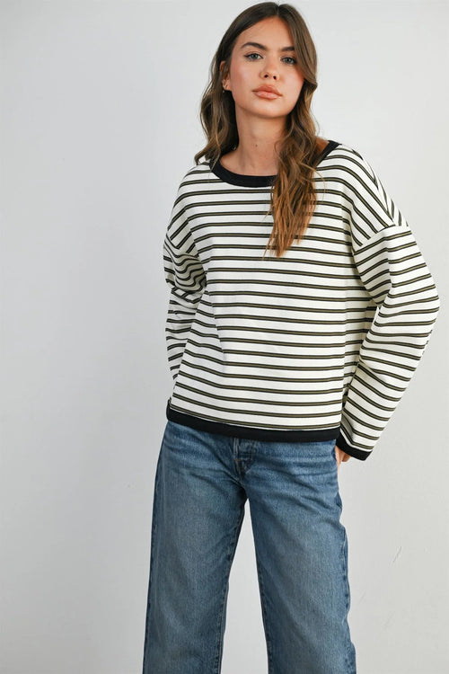 Striped loose fit long sleeve top in cozy off-white and black stripes