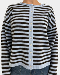 Thread and supply dover button oversized knit cardigan with bold light blue and dark brown stripes and cream buttons