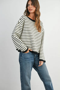 Striped loose fit long sleeve top with black and white stripes