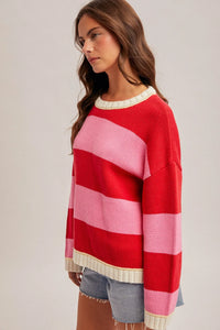 Crew neck relaxed oversized sweater with red pink stripes