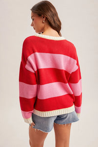 Crew neck relaxed oversized sweater with red pink stripes