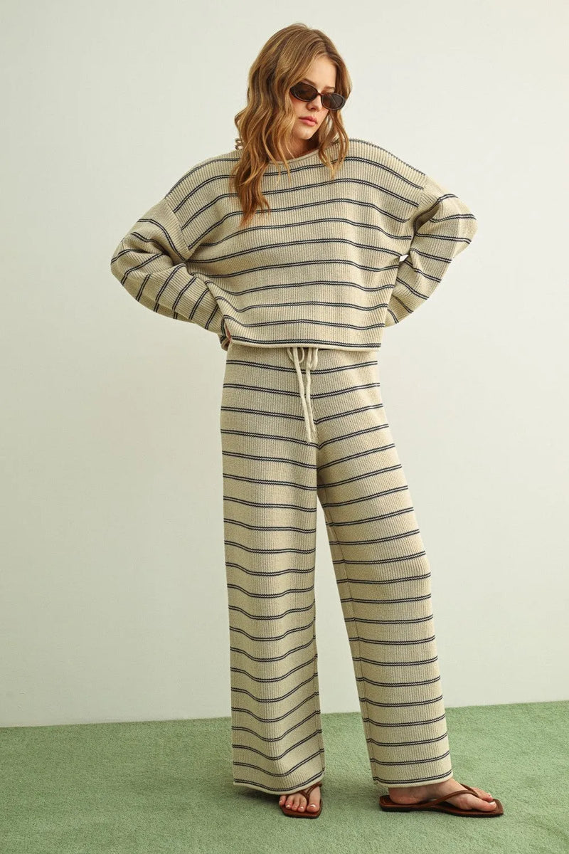 A cozy ribbed knit striped pattern long sleeve sweater set in soft beige and dark gray for comfortable wear