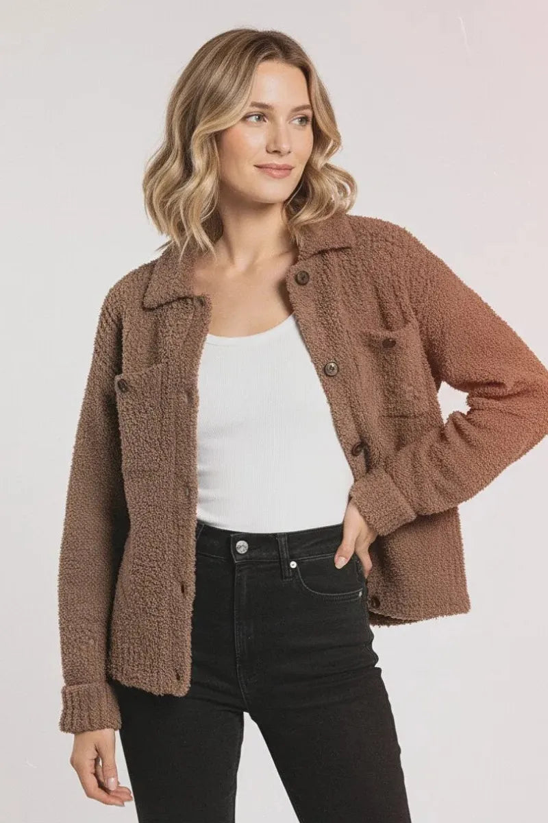 Thread and supply lois sweater jacket in rust-colored sherpa with classic collar and button closures for warmth and style