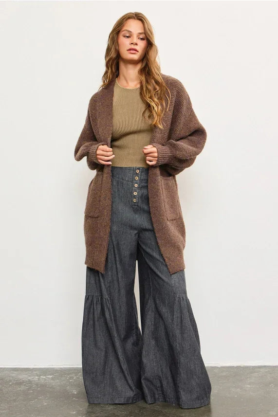 Cozy brown knit cardigan over button front tiered wide pants