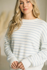 Thread & Supply Ely sweater: cozy white ribbed with light blue stripes