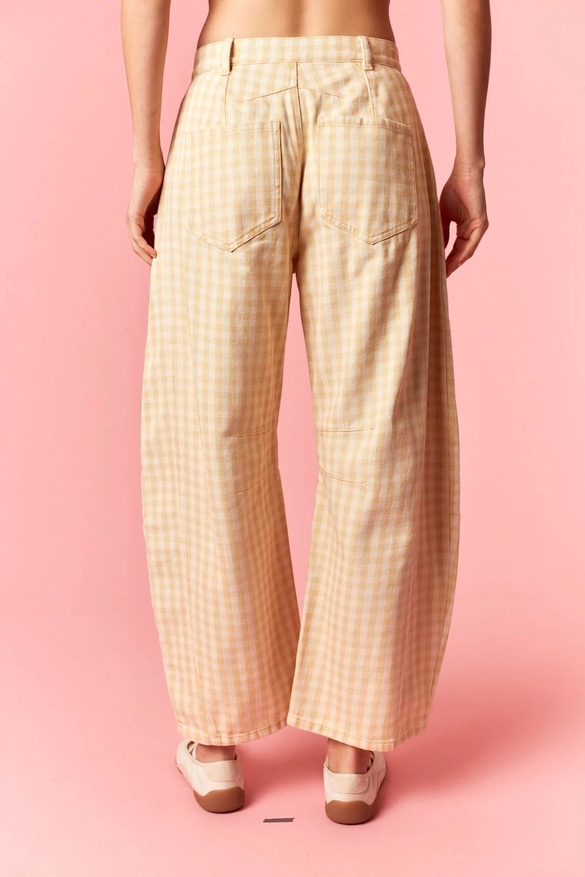 Washed gingham printed twill barrel pants in cream and beige checkered wide-leg design with a relaxed flowing silhouette
